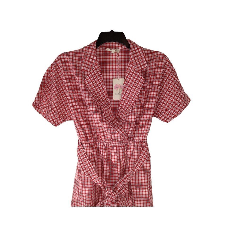 Entro Womens Romper Red Short Sleeve Surplice V-NECK Plaid Belted Woven S NWT - Picture 2 of 14